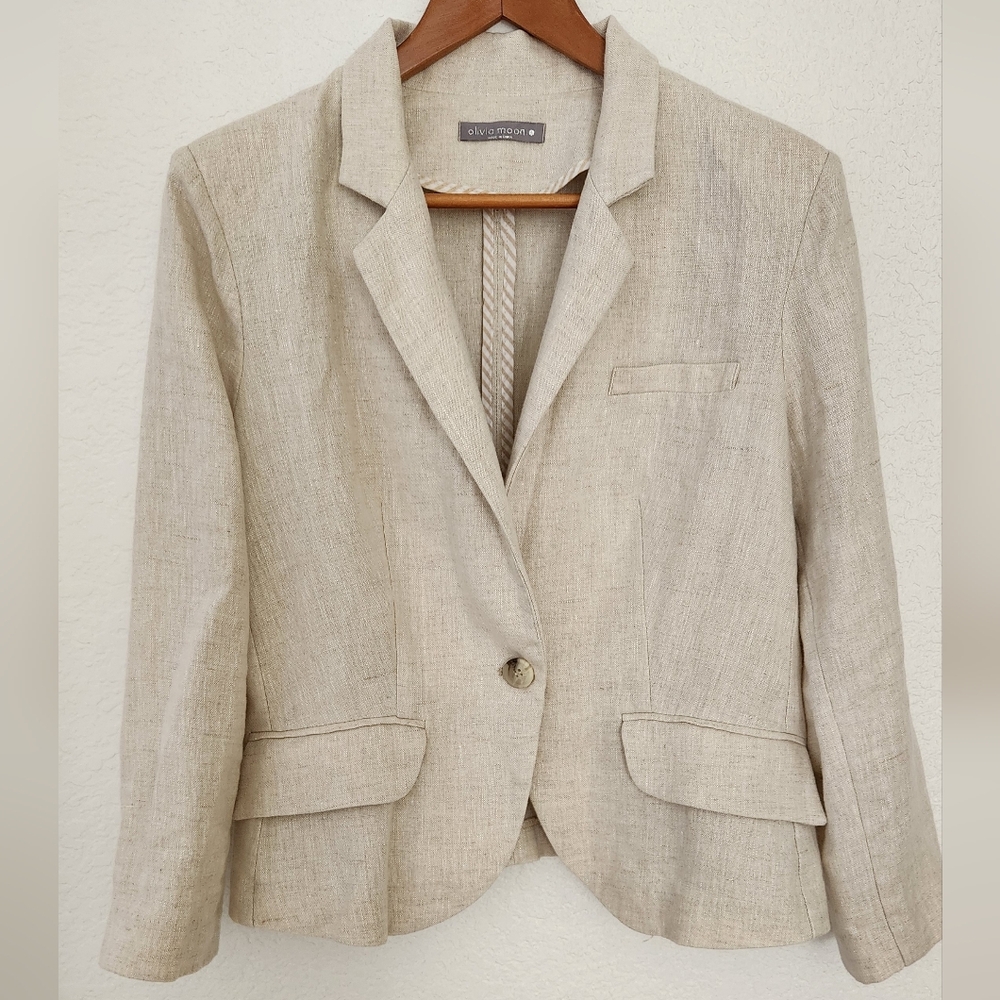 Olivia Moon Neutral Linen-Blend Single-Button Blazer